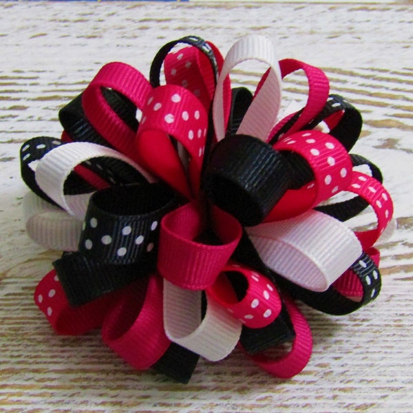 Hot Pink & Black Loopy Bow, Pigtails, Polka dots, Small Loopy Bow, Bow for Headbands, 3 inch Bow, Summer, Punk Rock, Non Slip Bow, Bow Set