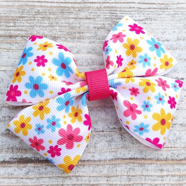 Flower Boutique Bow, Small Boutique Bow, Flower Hair Bow, Pink Blue & Yellow, Large Clippie Bow, Spring Hair Bow, Bow for Headbands