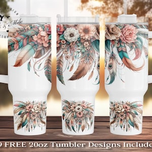 Pastel Flower Wrap for 40oz Tumbler, Boho Floral PNG Tumbler Design, Feather Sublimation Designs Downloads for 40 oz Tumbler
