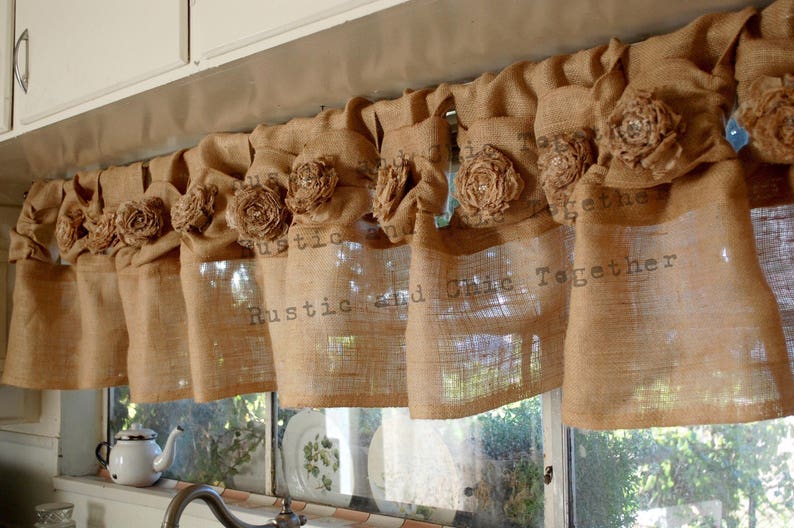 Valance Curtains In Natural Burlap Handmade Tea Stain Fabric