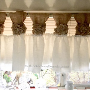 White Linen Burlap Valance Curtains Handmade Tea Stain Fabric and Lace ...