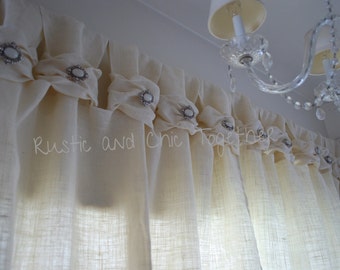 Burlap wide ruched tabs curtain- silver jewelry- off white burlap