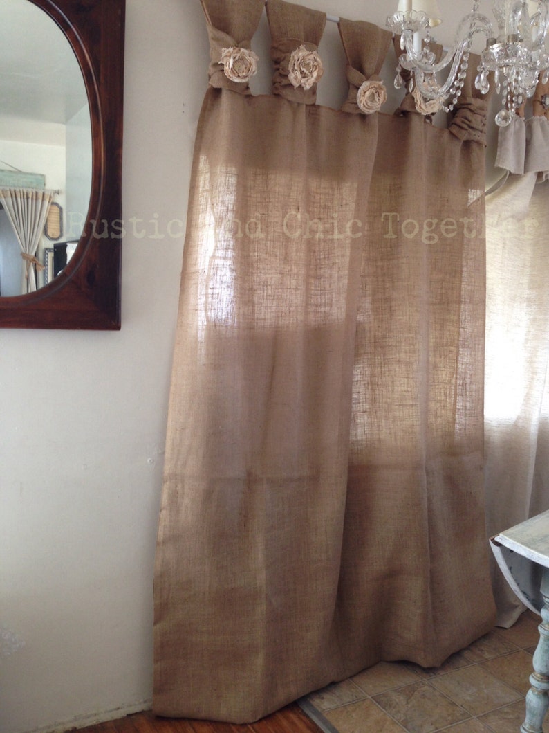 Burlap Curtains Tea dyed rosettes Wide Tabs image 2