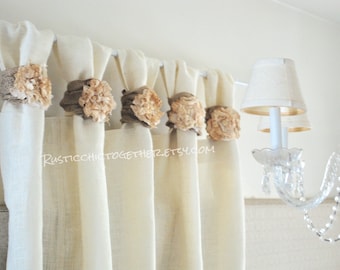 Burlap wide ruched tabs curtain- tea dyed rosette- off white burlap