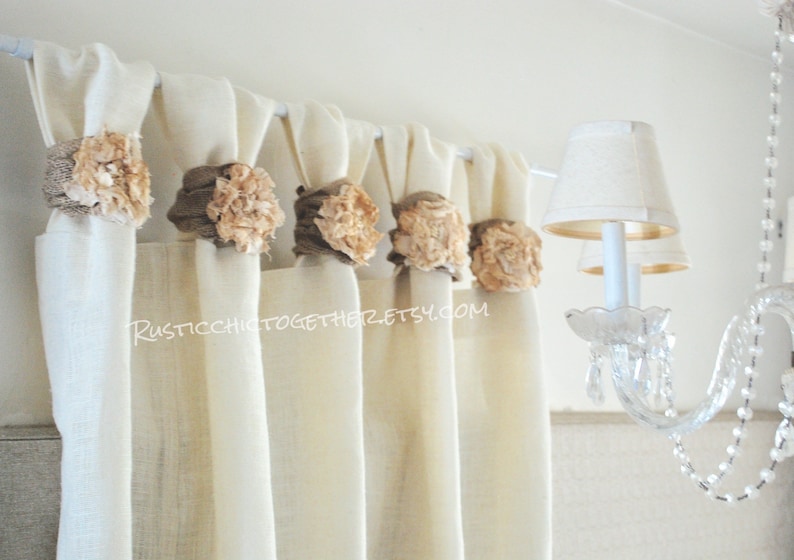 Burlap Wide Ruched Tabs Curtain Tea Dyed Rosette off White - Etsy