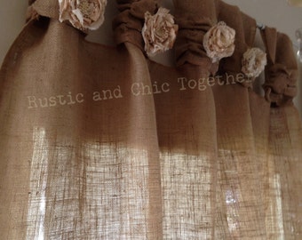 Burlap Curtains- Tea dyed rosettes- Wide Tabs