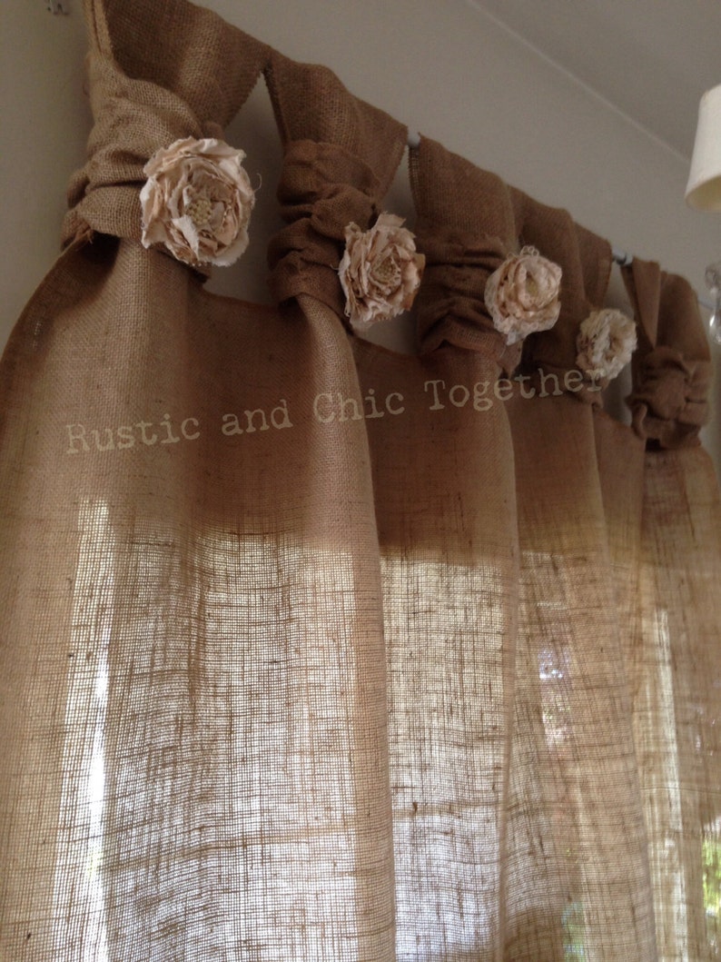 Burlap Curtains Tea dyed rosettes Wide Tabs image 1