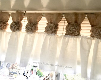 White Linen Burlap Valance Curtains- handmade tea stain fabric and lace rosette