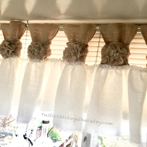 White Linen Burlap Valance Curtains- handmade tea stain fabric and lace rosette