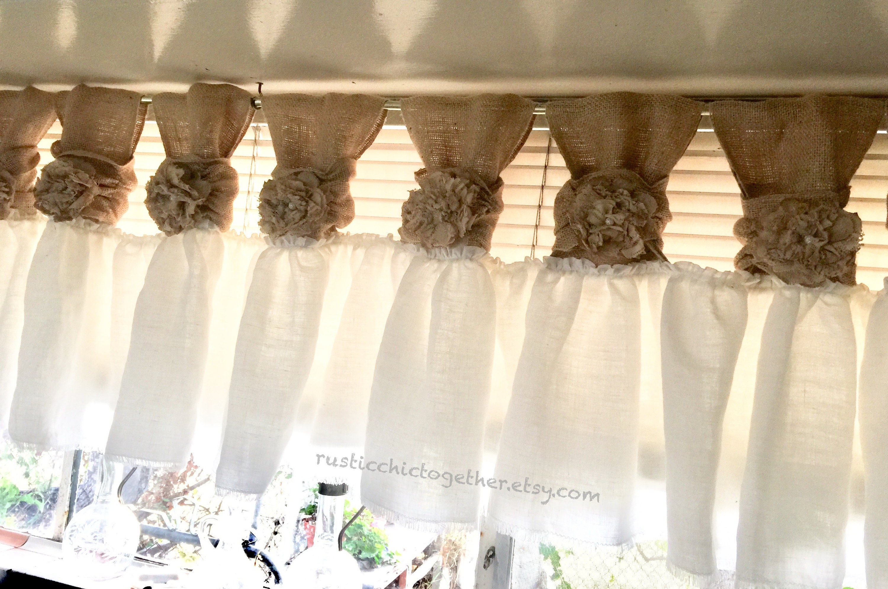 White Linen Burlap Valance Curtains- Handmade Tea Stain Fabric and Lace