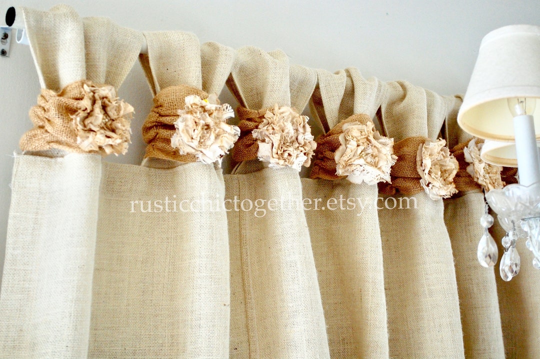 Burlap Wide Ruched Tabs Curtain Tea Dyed Rosette Oyster Burlap Color - Etsy