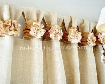 Burlap wide ruched tabs curtain- tea dyed rosette- oyster burlap color