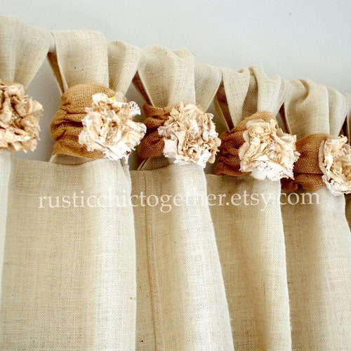 Burlap Wide Ruched Tabs Curtain Tea Dyed Rosette off White - Etsy