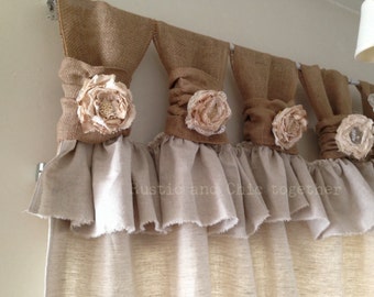 Natural Linen Ruffles Curtain-Burlap Tabs-Tea dyed rosette