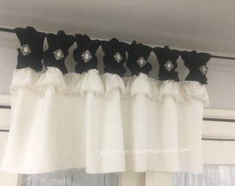 Off White Linen Valance -Black Burlap tabs with cameo accent