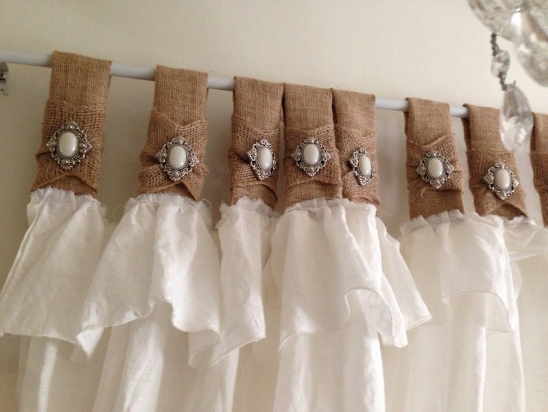 Burlap and White Linen Curtains With Jewelry Accent Etsy