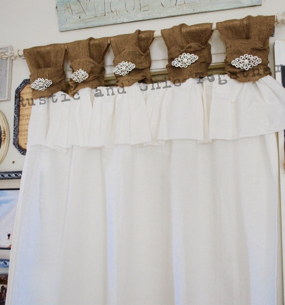 White Linen And Burlap Ruffles Curtains Wide Ruched Tabs Etsy