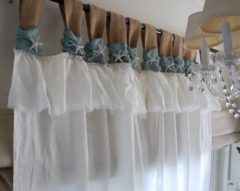 Burlap and White Linen Curtains - Starfish Jewelry Accent