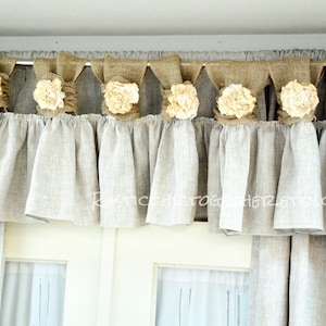 Natural Paloma Linen Burlap Valance Curtains- handmade tea stain fabric and lace rosette