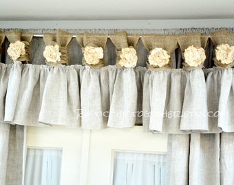 Natural Paloma Linen Burlap Valance Curtains- handmade tea stain fabric and lace rosette