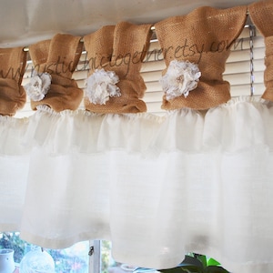 Valance - White Linen - Burlap - handmade Shabby Chic Rosette