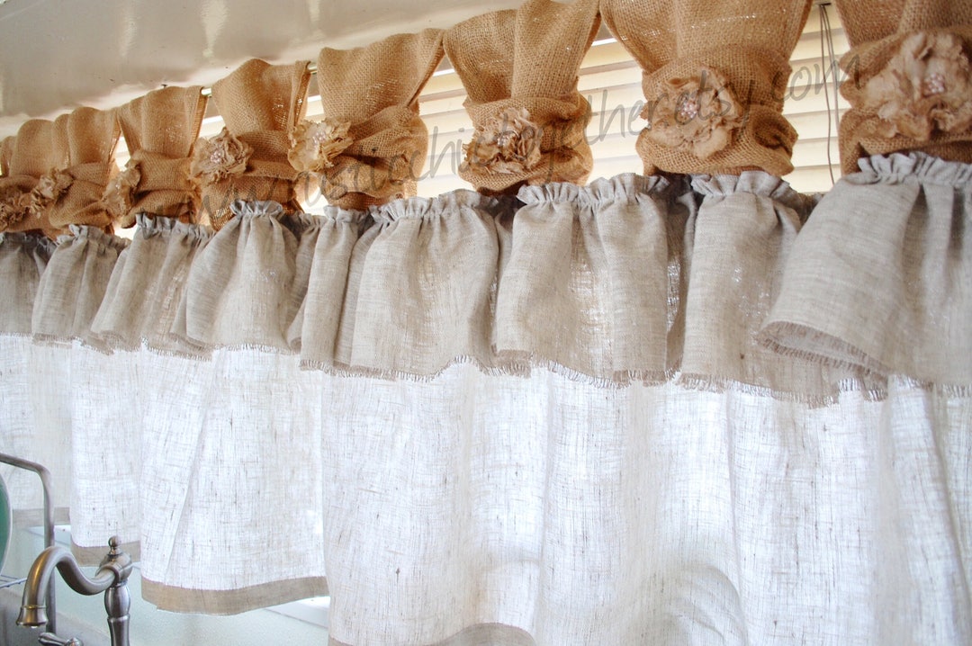 Valance Linen Belgium Linen and Burlap With Handmade Tea Stained Fabric ...
