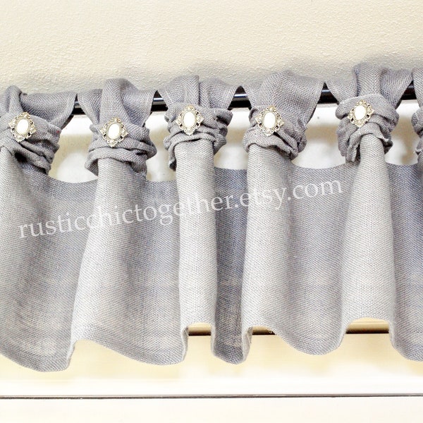 Valance in Gray Vintage Linen- old silver brooch