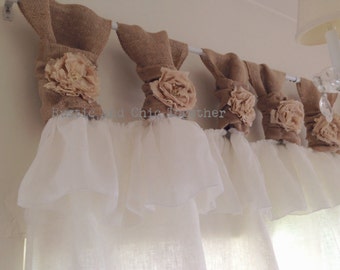 White Linen Ruffles Curtain-Burlap Tabs-Tea dyed rosette