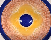 9 3/4" Carved Yellow Orange Blue Porcelain Serving Bowl