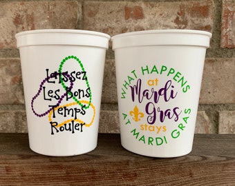 Mardi Gras Party Cups; Reusable 16oz stadium party cups; Party cups w/ option to add lids & straws