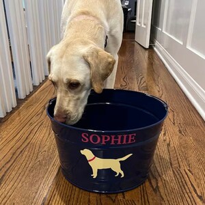 May include: A blue metal dog bowl with the name "Sophie" printed in red and a yellow silhouette of a dog. A yellow Labrador Retriever is sniffing the bowl.