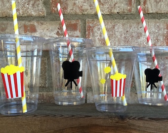 Movie Night Party Cups Disposable Cup With Lids and Straws - Etsy
