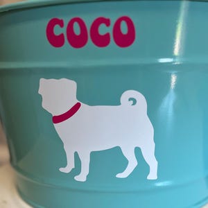 May include: A turquoise blue metal dog food bowl with a white silhouette of a pug and the name "Coco" in pink letters.