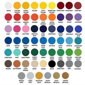 May include: A color chart with 60 different color swatches, including white, black, red, blue, green, yellow, orange, purple, brown, and grey. The color swatches are arranged in rows and columns, with the names of the colors printed below each swatch.