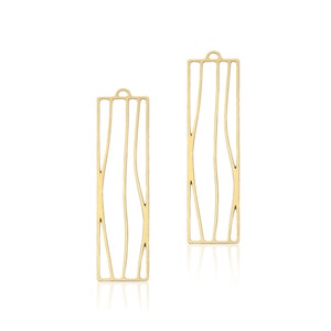 May include: A pair of gold-toned earrings with a geometric design. The earrings are made of thin metal and have a rectangular shape with a curved line pattern.