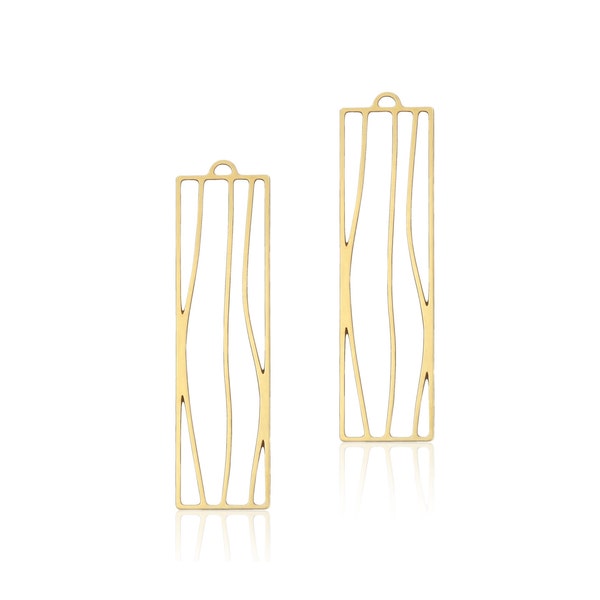 VENTE, 2 PCs, pendentif rectangle, en laiton plaqué or, long bar, bar pendentif rectangle, soudé boucle breloque, pendentif lignes ondulées, laser cut charme