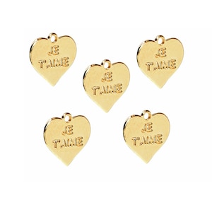 Je t'aime charme, 5 stuks, gouden hart charme, liefde hanger, Valentijnsdag sieraden, minimalistische sieraden, laser gesneden sieraden, Groothandel charme
