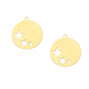 Gold Star Pendant, 2 Pcs, Gold Coin Pendant, Star Coin Pendant, Gold Circle pendant, Stars Charm, Gold Plated Charm, Gold Star Charm