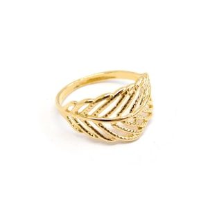 Könnte beinhalten: Ein goldfarbener Ring mit einem zarten Blattdesign. Der Ring ist aus Metall und hat eine glatte Oberfläche.