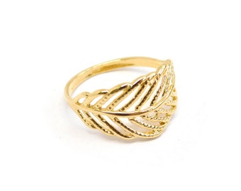 May include: A gold-colored ring with a delicate leaf design. The ring is made of metal and has a smooth finish.