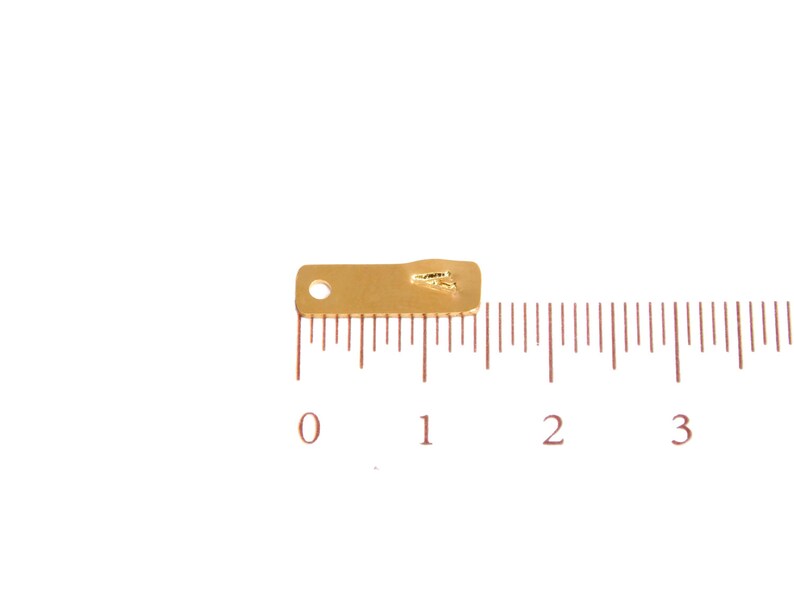 Op de afbeelding: Een gouden metalen connector met een klein gaatje in het midden. De connector is ongeveer 2,5 cm lang en wordt gemeten op een liniaal.