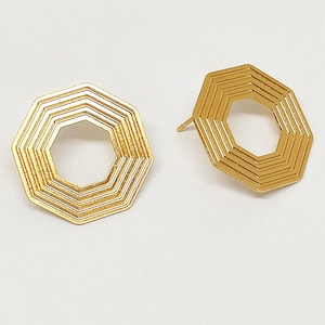 Gold Octagon Earrings, 1 Pair, Big Geometric Hoops Studs, Minimalist Hexagon Studs, Statement Earrings, Laser Cut Earrings