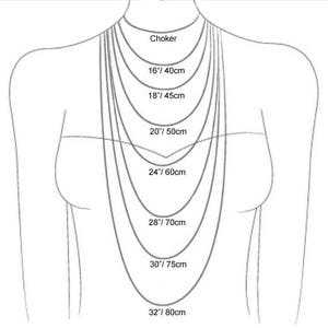 May include: Diagram showing different necklace lengths, from choker to 32 inches, with corresponding measurements in inches and centimeters.