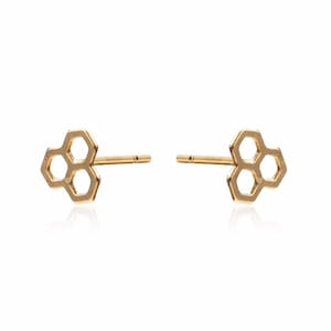 Tiny Beehive Stud Earrings, Gold Hexagon Studs