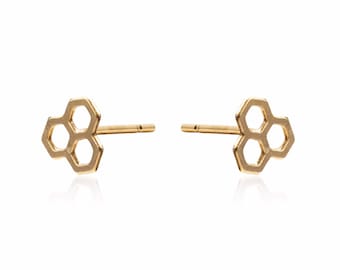 Tiny Beehive Stud Earrings, Gold Hexagon Studs