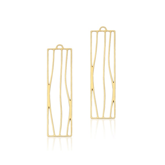 SALE, 2 Pcs, Rectangle Pendant, Gold Plated Brass, Long Bar, Bar Rectangle Pendant, Soldered Loop Charm, Wavy Lines Pendant, Laser Cut Charm