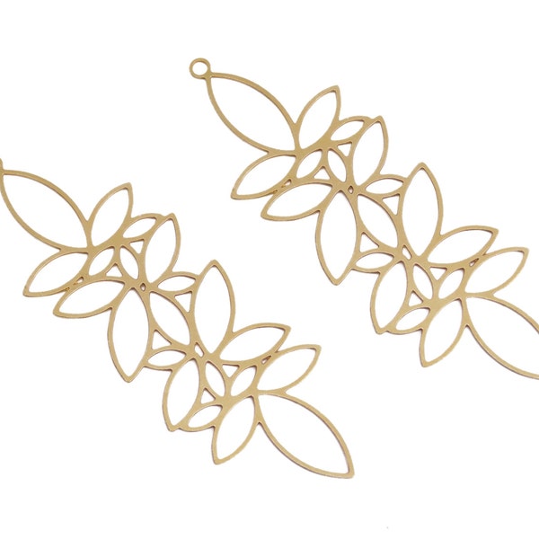Raw Brass Floral Pendant, 2 Pcs, Long Leaf Pendant, Lotus Flowers Pendant, Cut Out Leaves Pendant, Brass Petals Pendant, Laser Cut Jewelry
