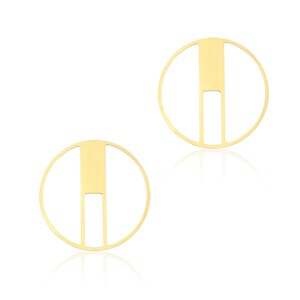 May include: A pair of gold-toned earrings with a geometric design. Each earring features a circle with a vertical bar inside.