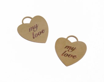 Brass Heart Pendant, 2 Pc, My Love Charm, Engraved Heart Pendant, Lock Shaped Heart, Exclusive at Goldie Supplies