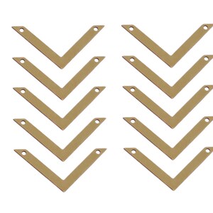 May include: Ten gold metal chevron shapes with holes at the top and bottom. The chevrons are arranged in two rows of five, with the points of the chevrons facing each other.